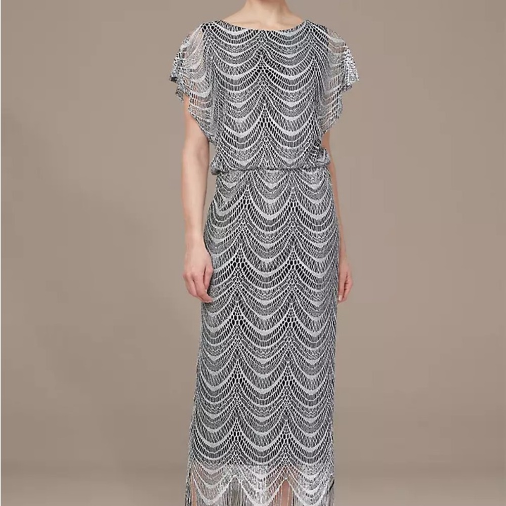SLNY Silver Sequin Gown with Flutter Sleeves